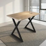 1.2M wooden computer desk featuring a natural light wood-grain finish tabletop supported by modern, heavy-duty black metal X-frame legs.