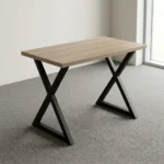 1.2M wooden computer desk featuring a natural light wood-grain finish tabletop supported by modern, heavy-duty black metal X-frame legs.