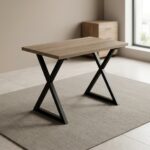 1.2M wooden computer desk featuring a natural light wood-grain finish tabletop supported by modern, heavy-duty black metal X-frame legs.