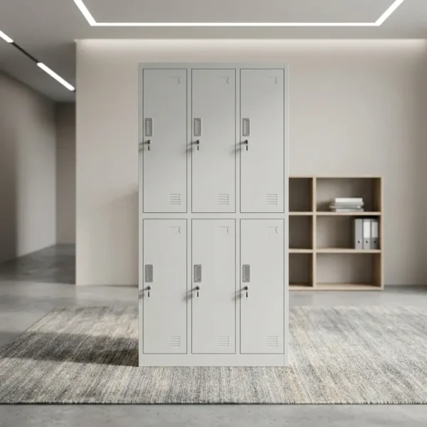 6-locker filing cabinet featuring a sturdy light-gray steel construction organized in a 3-column by 2-row grid, with each individual locker compartment equipped with an inset vertical handle, key-lock mechanism, label holder slot, and lower ventilation louvers.