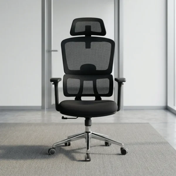 Orthopedic chair with adjustable armrests featuring a split high-back breathable black mesh design with dedicated lumbar support, an adjustable mesh headrest, height-adjustable T-armrests, a cushioned black fabric seat, an under-seat adjustment lever, and a polished metal five-star swivel base with dual-wheel casters.