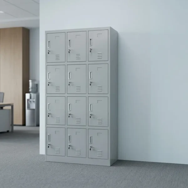 12-locker filing cabinet featuring a durable light-gray steel frame arranged in a 3-column by 4-row grid, with each individual compartment fitted with an inset vertical handle, key-lock security mechanism, label holder slot, and lower ventilation louvers.