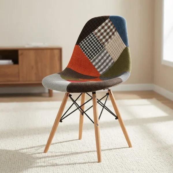 Modern patchwork Eames-style chair featuring a contoured shell seat upholstered in a multi-patterned fabric blend of houndstooth, plaid, and solid earthy tones, supported by natural wood dowel legs with black metal Eiffel-style wire bracing.