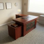 140cm Executive office table featuring a classic rich cherry wood finish, built-in black leatherette writing pad, cable grommets, decorative front modesty panel with black and diamond-wood inlay, attached side credenza, and a matching mobile pedestal cabinet.