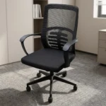 Ergonomic medium back office chair featuring a breathable black mesh backrest with an integrated skeletal lumbar support pattern, curved fixed black armrests, a cushioned black fabric seat, an under-seat height-adjustment lever, and a durable black five-star swivel base with smooth-rolling casters.