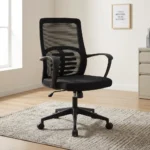Ergonomic medium back office chair featuring a breathable black mesh backrest with an integrated skeletal lumbar support pattern, curved fixed black armrests, a cushioned black fabric seat, an under-seat height-adjustment lever, and a durable black five-star swivel base with smooth-rolling casters.