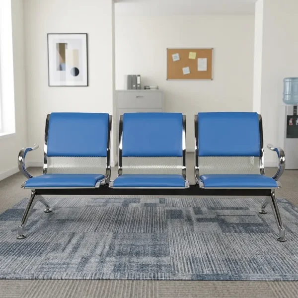 3-seater blue waiting bench featuring vibrant blue faux leather cushioned seat and backrest panels mounted on a silver perforated metal frame, curved chrome armrests, and a sturdy chrome base with angled legs and adjustable leveling feet.