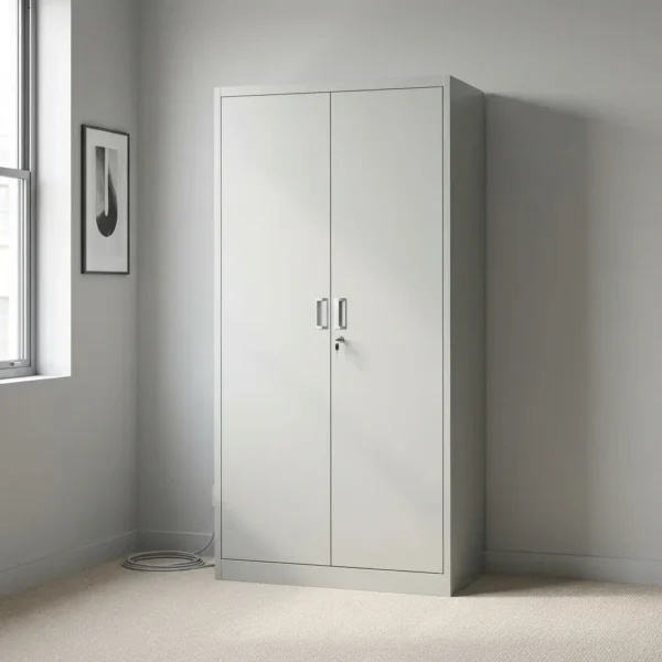 2-door steel office cabinet featuring a durable light-gray powder-coated finish, full-height double doors, recessed vertical handles, and a central key-lock security mechanism.