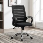 Strong mesh office chair featuring a high-density black mesh backrest with horizontal ventilation stripes, curved integrated black armrests, a cushioned black fabric seat, an under-seat height-adjustment lever, and a sturdy polished chrome five-star swivel base with smooth-rolling casters.