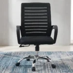 Strong mesh office chair featuring a high-density black mesh backrest with horizontal ventilation stripes, curved integrated black armrests, a cushioned black fabric seat, an under-seat height-adjustment lever, and a sturdy polished chrome five-star swivel base with smooth-rolling casters.