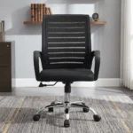 Strong mesh office chair featuring a high-density black mesh backrest with horizontal ventilation stripes, curved integrated black armrests, a cushioned black fabric seat, an under-seat height-adjustment lever, and a sturdy polished chrome five-star swivel base with smooth-rolling casters.