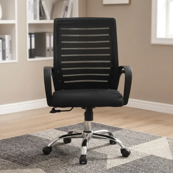 Strong mesh office chair featuring a high-density black mesh backrest with horizontal ventilation stripes, curved integrated black armrests, a cushioned black fabric seat, an under-seat height-adjustment lever, and a sturdy polished chrome five-star swivel base with smooth-rolling casters.