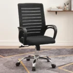 Strong mesh office chair featuring a high-density black mesh backrest with horizontal ventilation stripes, curved integrated black armrests, a cushioned black fabric seat, an under-seat height-adjustment lever, and a sturdy polished chrome five-star swivel base with smooth-rolling casters.