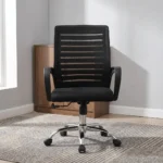 Strong mesh office chair featuring a high-density black mesh backrest with horizontal ventilation stripes, curved integrated black armrests, a cushioned black fabric seat, an under-seat height-adjustment lever, and a sturdy polished chrome five-star swivel base with smooth-rolling casters.