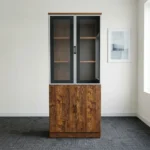2-door executive wooden cabinet featuring a dual-tier design with upper aluminum-framed glass display doors revealing internal shelving, lower solid wooden doors with a rich wood-grain finish, sleek vertical handles, and a key-lock security mechanism.