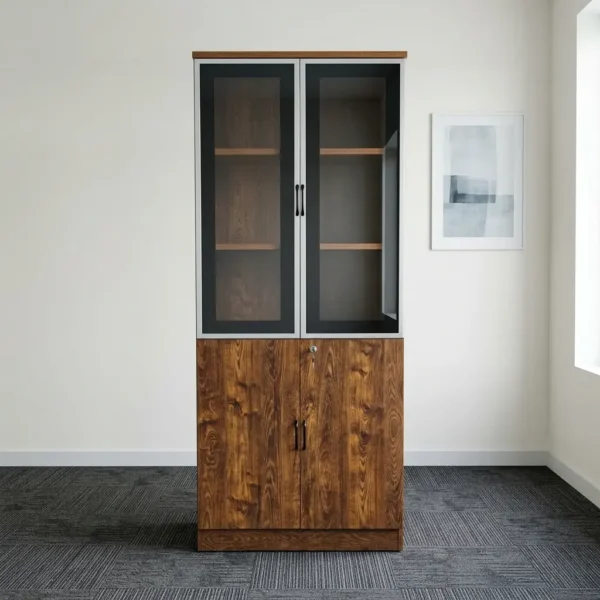 2-door executive wooden cabinet featuring a dual-tier design with upper aluminum-framed glass display doors revealing internal shelving, lower solid wooden doors with a rich wood-grain finish, sleek vertical handles, and a key-lock security mechanism.