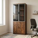 2-door executive wooden cabinet featuring a dual-tier design with upper aluminum-framed glass display doors revealing internal shelving, lower solid wooden doors with a rich wood-grain finish, sleek vertical handles, and a key-lock security mechanism.