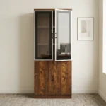 2-door executive wooden cabinet featuring a dual-tier design with upper aluminum-framed glass display doors revealing internal shelving, lower solid wooden doors with a rich wood-grain finish, sleek vertical handles, and a key-lock security mechanism.