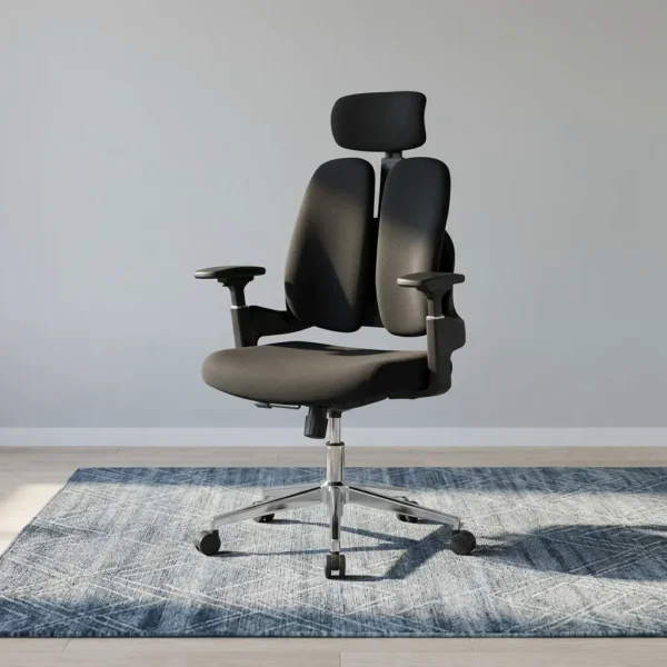 Black fabric orthopedic office chair featuring an ergonomic dual-backrest system with split upholstered cushions, an adjustable headrest, height-adjustable T-armrests, a contoured padded seat, under-seat adjustment levers, and a polished chrome five-star swivel base with smooth-rolling casters.
