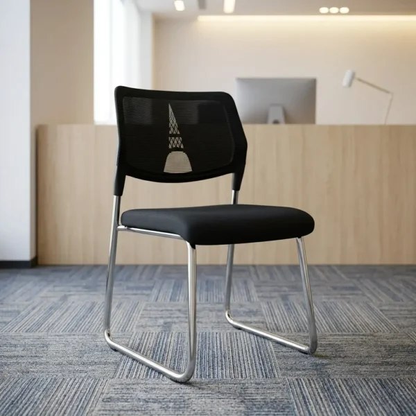 Stackable mesh visitor chair featuring a breathable black mesh backrest with a decorative geometric support accent, a armless design, a padded black fabric seat cushion, and a sleek chrome sled-base frame.