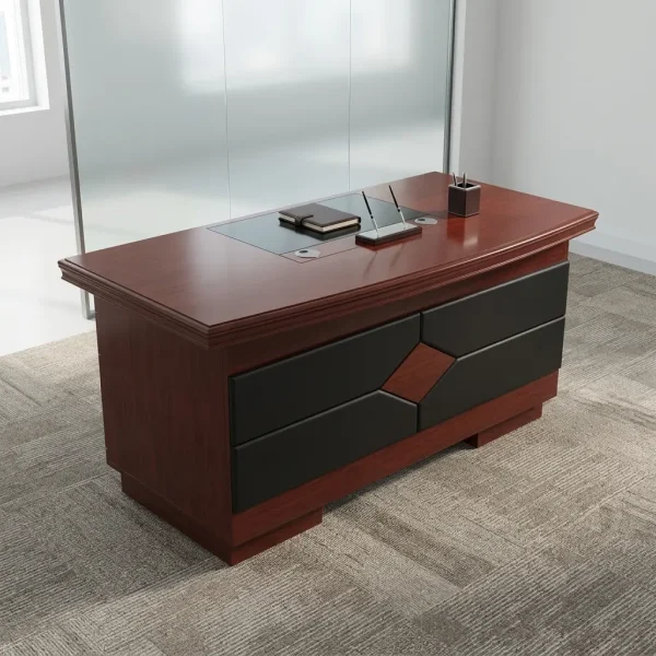140cm executive office desk featuring a rich mahogany-finish wood construction, an integrated black leatherette writing pad, built-in cable grommets, and a decorative front modesty panel with black leatherette and diamond-wood inlay.