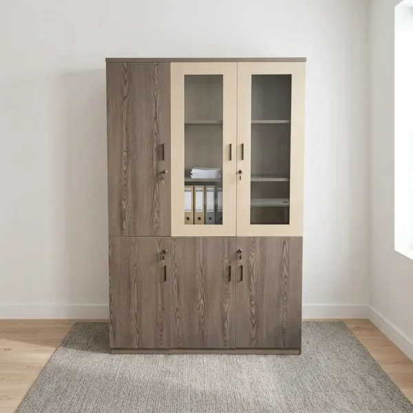 3-door wooden executive cabinet featuring a two-tone finish with taupe wood-grain laminate, upper cream-framed glass display doors revealing internal shelving, lower solid wooden doors, modern dark vertical handles, and key-lock security mechanisms.