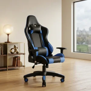 Blue adjustable gaming chair featuring an ergonomic high-back racing style design in black and blue leatherette, removable headrest and lumbar support pillows, height-adjustable T-armrests, recliner mechanism, and a heavy-duty five-star swivel base with blue-accented casters. Blue adjustable gaming chair featuring an ergonomic high-back racing style design in black and blue leatherette, removable headrest and lumbar support pillows, height-adjustable T-armrests, recliner mechanism, and a heavy-duty five-star swivel base with blue-accented casters.