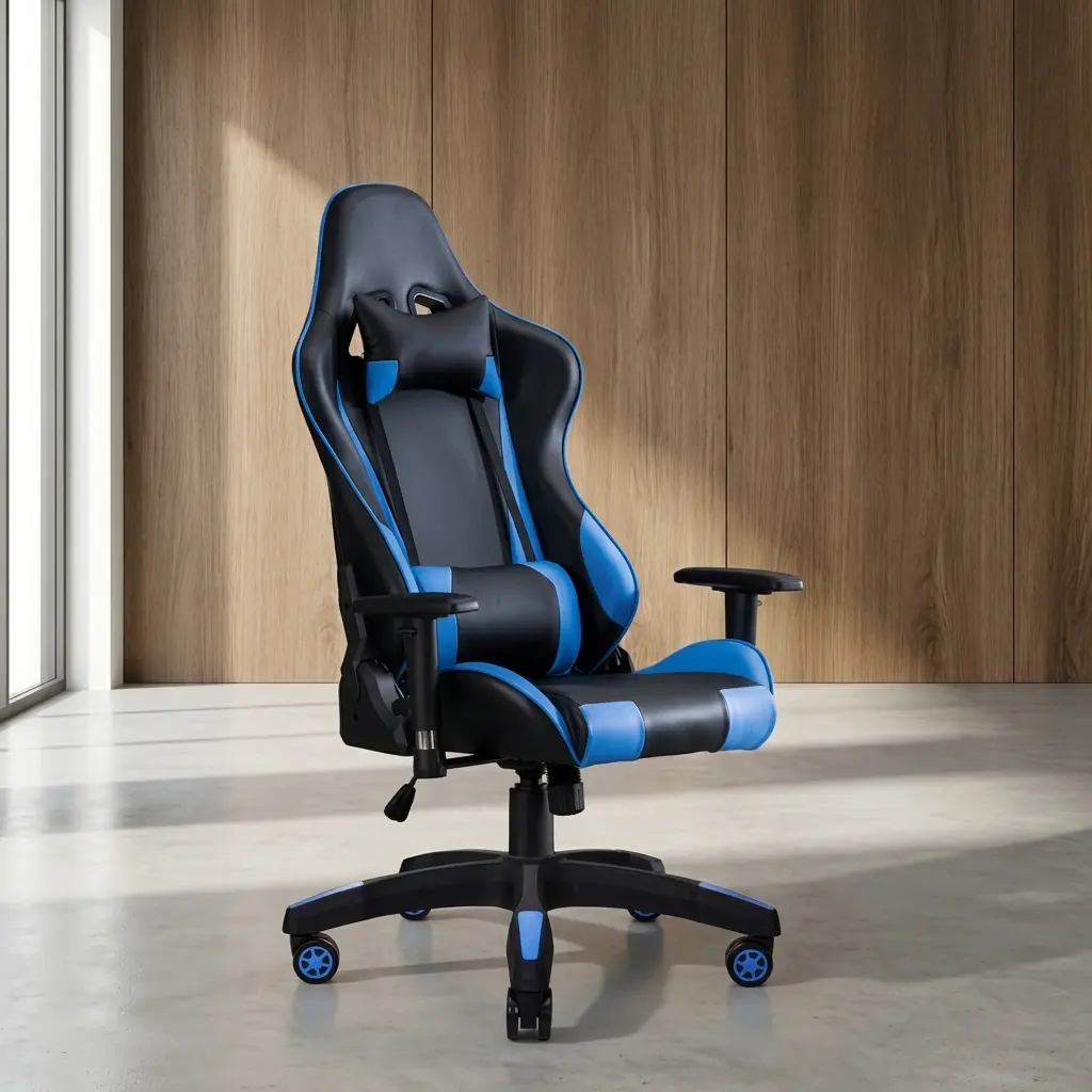 Blue adjustable gaming chair featuring an ergonomic high-back racing style design in black and blue leatherette, removable headrest and lumbar support pillows, height-adjustable T-armrests, recliner mechanism, and a heavy-duty five-star swivel base with blue-accented casters. Blue adjustable gaming chair featuring an ergonomic high-back racing style design in black and blue leatherette, removable headrest and lumbar support pillows, height-adjustable T-armrests, recliner mechanism, and a heavy-duty five-star swivel base with blue-accented casters.