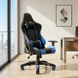 Blue adjustable gaming chair featuring an ergonomic high-back racing style design in black and blue leatherette, removable headrest and lumbar support pillows, height-adjustable T-armrests, recliner mechanism, and a heavy-duty five-star swivel base with blue-accented casters. Blue adjustable gaming chair featuring an ergonomic high-back racing style design in black and blue leatherette, removable headrest and lumbar support pillows, height-adjustable T-armrests, recliner mechanism, and a heavy-duty five-star swivel base with blue-accented casters.
