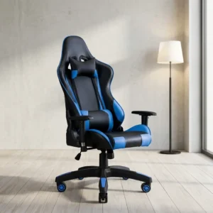 Blue adjustable gaming chair featuring an ergonomic high-back racing style design in black and blue leatherette, removable headrest and lumbar support pillows, height-adjustable T-armrests, recliner mechanism, and a heavy-duty five-star swivel base with blue-accented casters. Blue adjustable gaming chair featuring an ergonomic high-back racing style design in black and blue leatherette, removable headrest and lumbar support pillows, height-adjustable T-armrests, recliner mechanism, and a heavy-duty five-star swivel base with blue-accented casters.