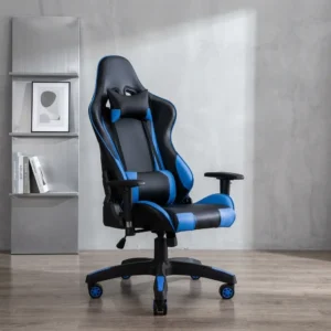 Blue adjustable gaming chair featuring an ergonomic high-back racing style design in black and blue leatherette, removable headrest and lumbar support pillows, height-adjustable T-armrests, recliner mechanism, and a heavy-duty five-star swivel base with blue-accented casters. Blue adjustable gaming chair featuring an ergonomic high-back racing style design in black and blue leatherette, removable headrest and lumbar support pillows, height-adjustable T-armrests, recliner mechanism, and a heavy-duty five-star swivel base with blue-accented casters.