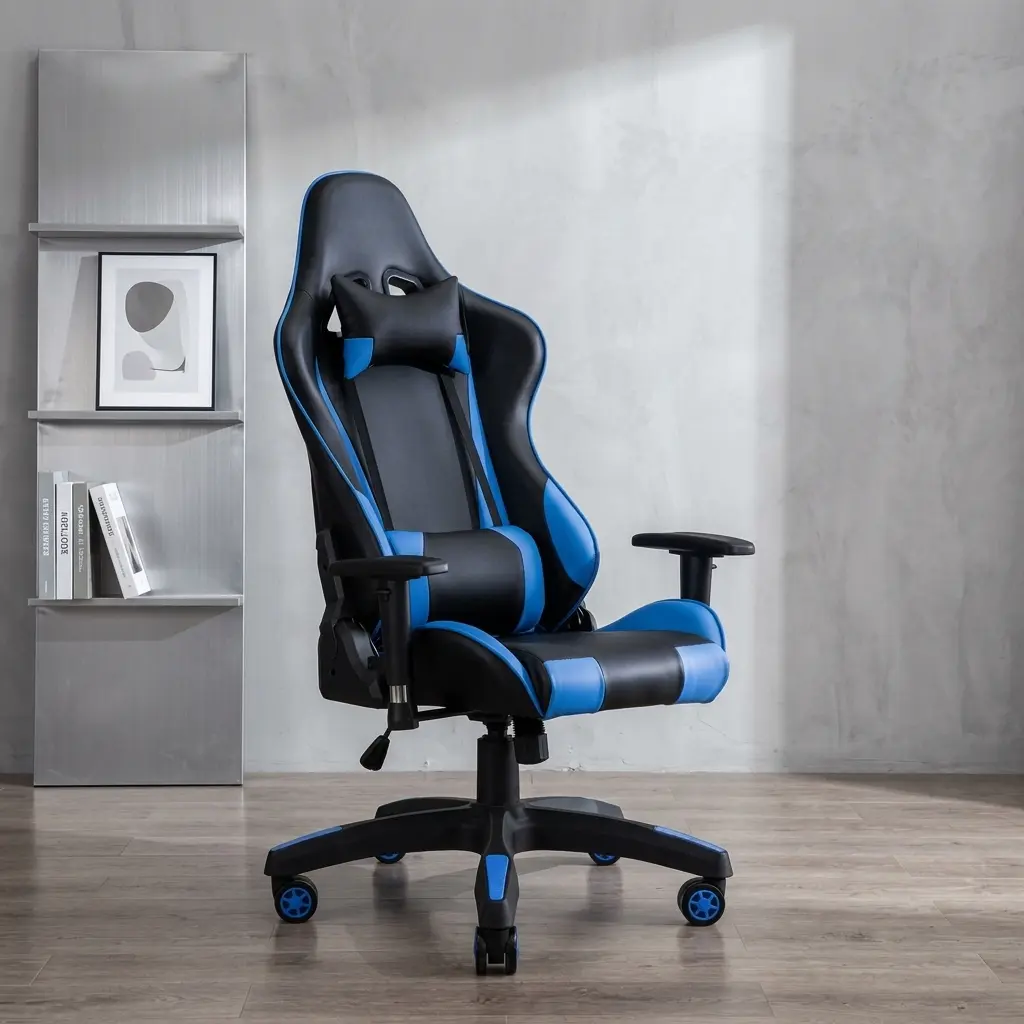 Blue adjustable gaming chair featuring an ergonomic high-back racing style design in black and blue leatherette, removable headrest and lumbar support pillows, height-adjustable T-armrests, recliner mechanism, and a heavy-duty five-star swivel base with blue-accented casters. Blue adjustable gaming chair featuring an ergonomic high-back racing style design in black and blue leatherette, removable headrest and lumbar support pillows, height-adjustable T-armrests, recliner mechanism, and a heavy-duty five-star swivel base with blue-accented casters.