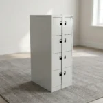4 drawer cabinet with bar featuring a durable light gray steel construction, four spacious filing drawers with recessed black handles, an integrated label holder on each drawer, and a vertical locking bar with a top key-lock mechanism for enhanced security.