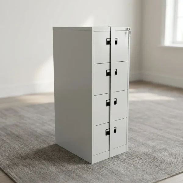 4 drawer cabinet with bar featuring a durable light gray steel construction, four spacious filing drawers with recessed black handles, an integrated label holder on each drawer, and a vertical locking bar with a top key-lock mechanism for enhanced security.