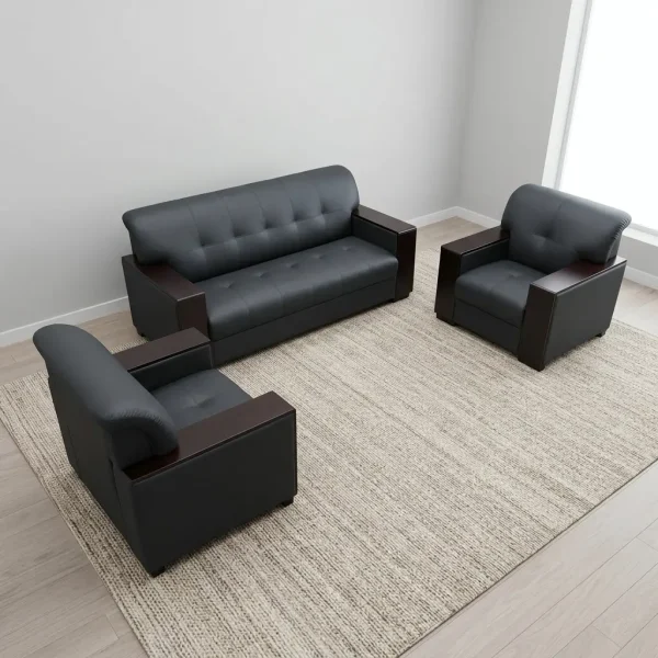 Five seater executive sofa set featuring a 3-seater couch and two matching single armchairs in dark charcoal leatherette, button-tufted backrests and seat cushions, and dark wood-finished wide flat armrests.