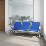 3-seater reception waiting bench featuring padded blue seat and back cushions, a durable silver metal frame with integrated side armrests, and a sturdy crossbar beam support with adjustable levelling feet.