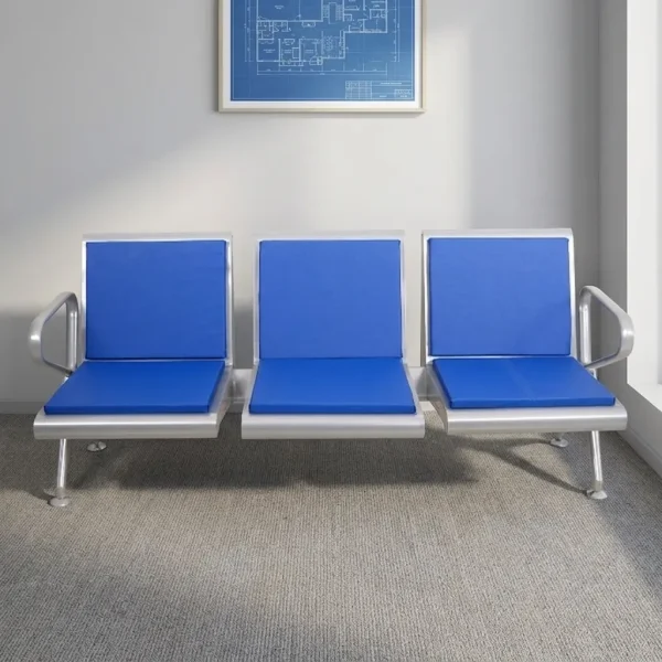 3-seater reception waiting bench featuring padded blue seat and back cushions, a durable silver metal frame with integrated side armrests, and a sturdy crossbar beam support with adjustable levelling feet.