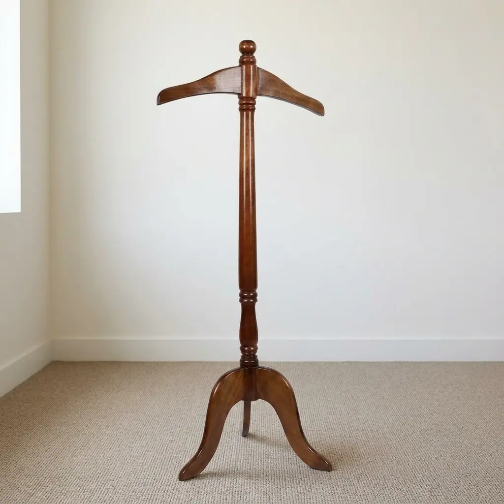 Wooden office coat hanger featuring a rich dark wood finish, a contoured top suit hanger bar with a decorative finial, a classic turned central pedestal post, and a stable tripod base with three curved legs.