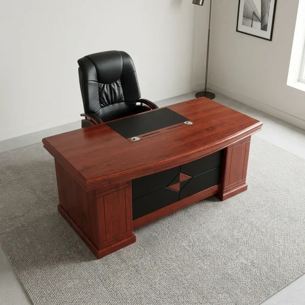 160cm executive office table featuring a rich mahogany-finish wood construction, an inset black leatherette writing pad, built-in cable grommets, and a front modesty panel with black leatherette panels and a central diamond-wood inlay.