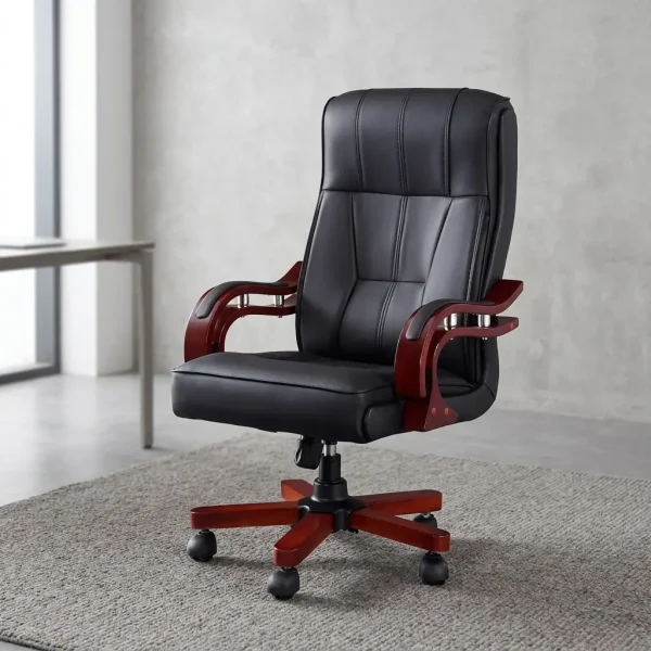 Bliss executive office seat featuring a high-back design upholstered in black leatherette with segmented ergonomic padding, mahogany-finish wooden armrests with chrome support accents, and a mahogany wooden-capped five-star swivel base with caster wheels.