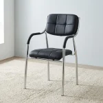 Stackable leather Catalina chair featuring grid-tufted black leatherette seat and backrest cushions, curved padded armrests, and a sleek chrome-plated tubular metal frame.