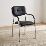 Stackable leather Catalina chair featuring grid-tufted black leatherette seat and backrest cushions, curved padded armrests, and a sleek chrome-plated tubular metal frame.