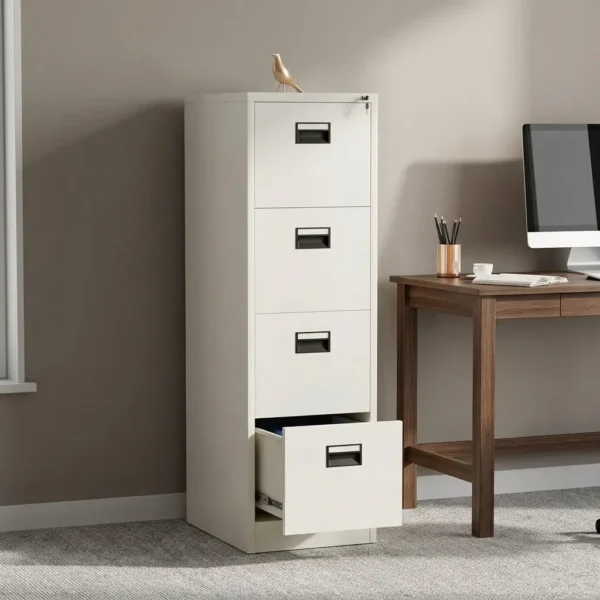 Steel 4-drawer file cabinet featuring a vertical white powder-coated metal frame, four spacious pull-out filing drawers, inset black handles with label slots, and a top central key lock mechanism.