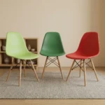Plastic Eames dining chairs featuring molded polypropylene seat shells in lime green, forest green, and red, supported by natural wood dowel legs with black metal wire Eiffel bracing.