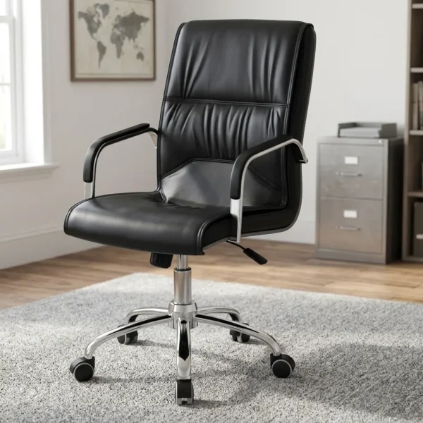 Ergonomic executive office chair featuring a high-back design upholstered in black leatherette with gathered stitching detail, padded fixed armrests on chrome frames, pneumatically adjustable seat height, and a polished chrome five-star swivel base with caster wheels.