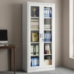 Lockable full glass office cabinet featuring a white powder-coated steel frame, dual full-length framed glass doors with vertical handles, a central key lock security system, and five interior storage shelves.