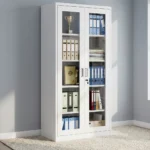Lockable full glass office cabinet featuring a white powder-coated steel frame, dual full-length framed glass doors with vertical handles, a central key lock security system, and five interior storage shelves.