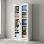 Lockable full glass office cabinet featuring a white powder-coated steel frame, dual full-length framed glass doors with vertical handles, a central key lock security system, and five interior storage shelves.