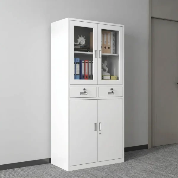 Lockable half-glass office filing cabinet featuring a white powder-coated steel frame, upper framed glass-door display compartments, two central lockable drawers with individual key locks, and lower double solid steel door lockable storage.