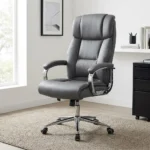 Director's gray executive office chair featuring a high-back design with plush segmented leatherette padding, padded armrests on chrome frames, pneumatically adjustable height controls, and a polished chrome five-star swivel base with caster wheels.